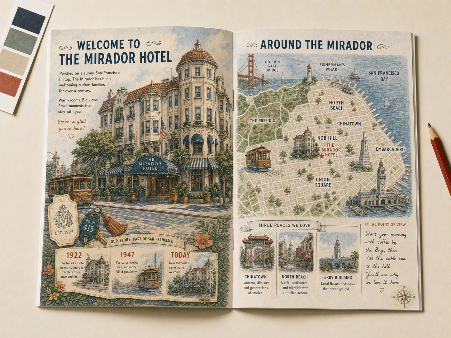The Mirador Hotel welcome spread with a matching property history and illustrated San Francisco map